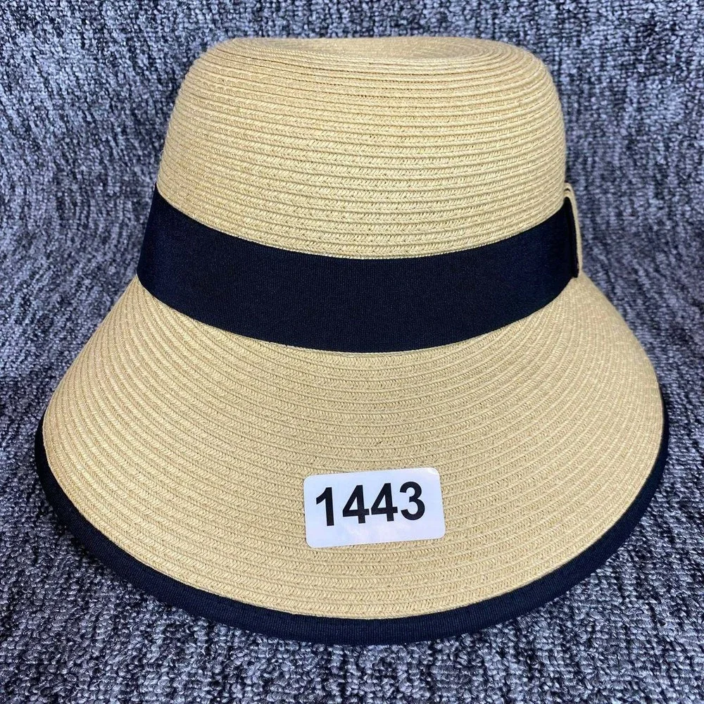 HBY Miami Straw Sun‎ Hat Wide Brim Black Ribbon Bow Beach Bucket Visor Women OS
